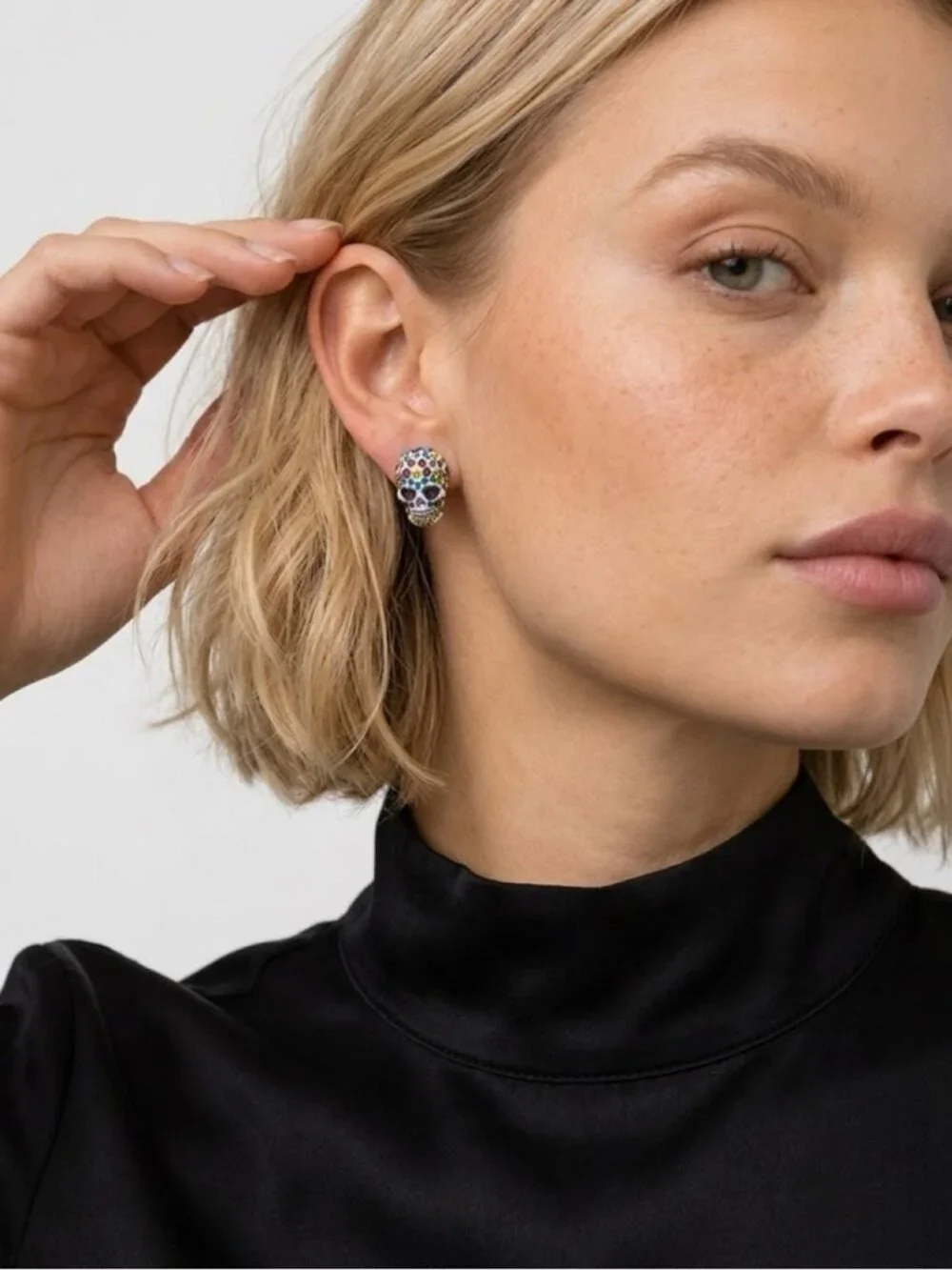Betsey Johnson Sugar Skull Stud Earring Colorful Pave Crystal Dia De Los Muertos